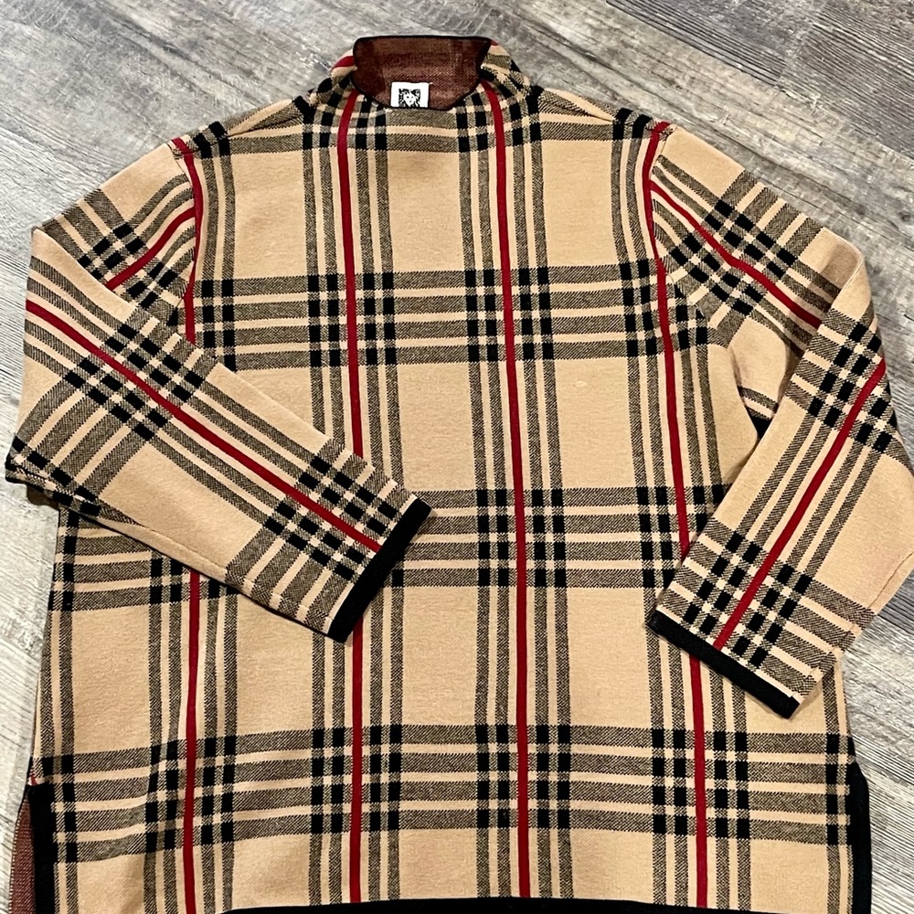 Anne Klein Turtleneck Plaid Sweater in Beige and Red Women’s XL